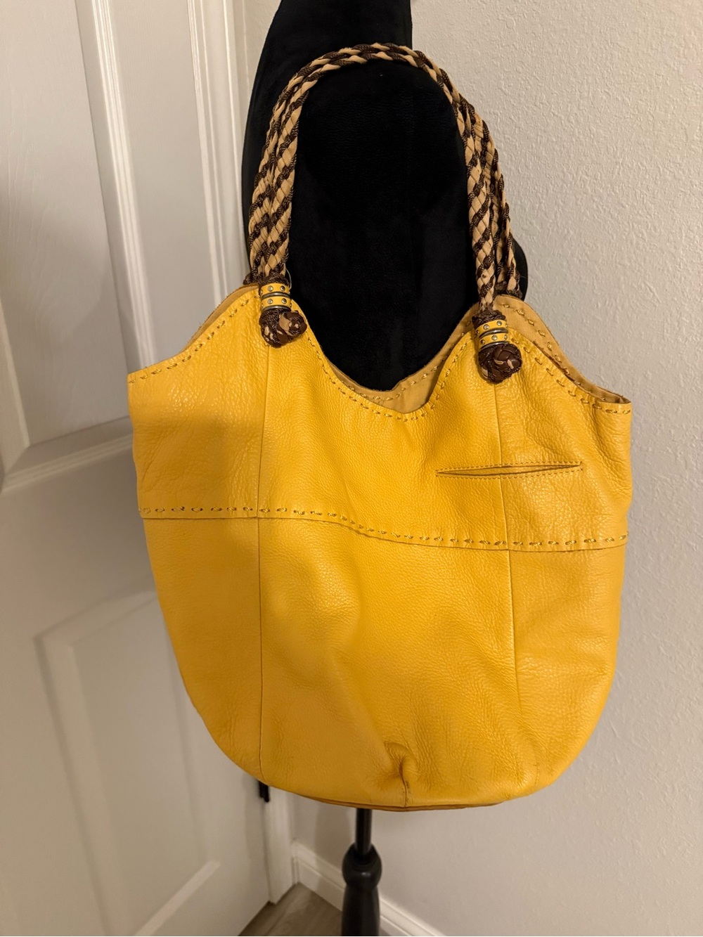 The Sak Yellow Leather Hobo Style Bag with Braided Handles Excellent Condition